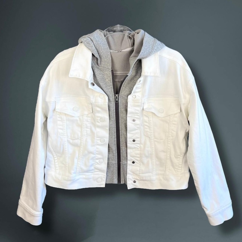Athleta Jacket Womens Medium‎ White Denim Trucker Hooded Zip In Vest Layered - Picture 3 of 12